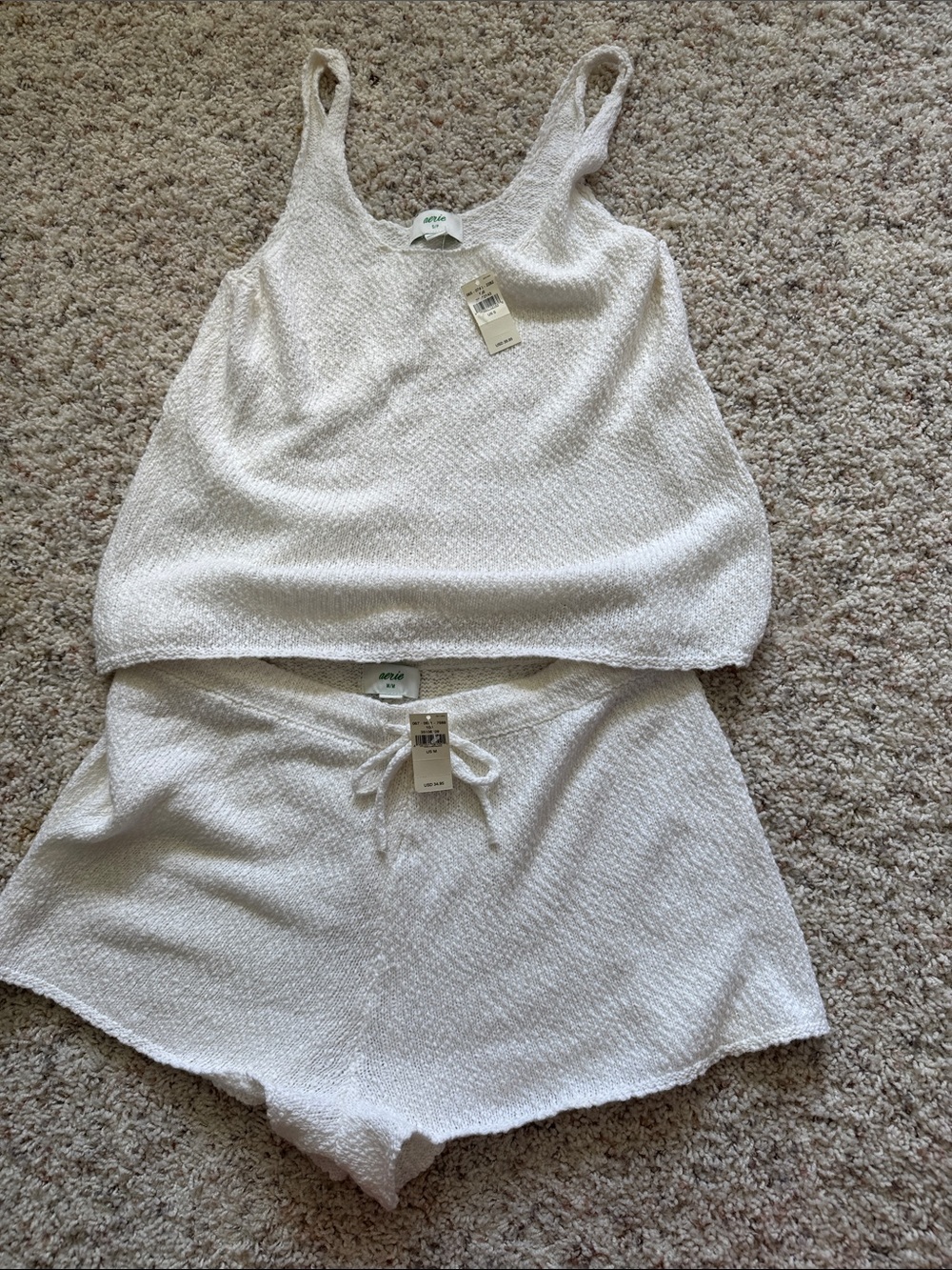 aerie White Terry Knit Tank & Drawstring Shorts Sleep Set